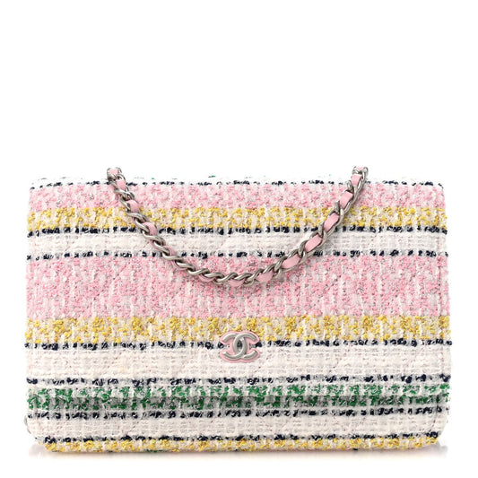 Metallic Tweed Quilted Wallet On Chain WOC White Multicolor