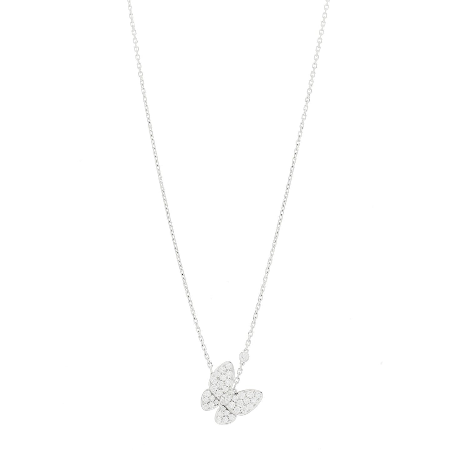 18K White Gold Diamond Two Butterfly Pendant Necklace