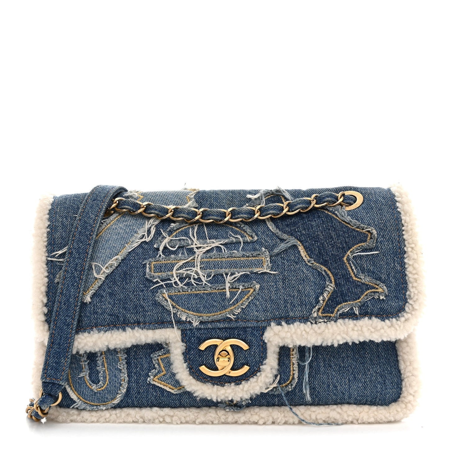 Denim Shearling Hieroglyph Flap Blue