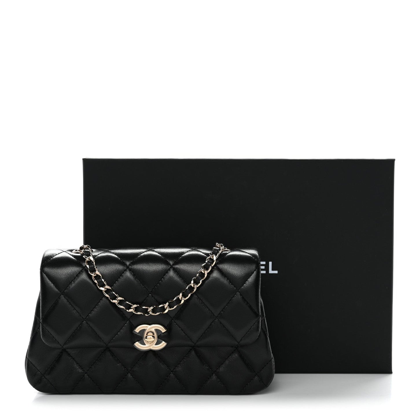 Lambskin Quilted Rectangular Phone Holder Clutch With Chain Black