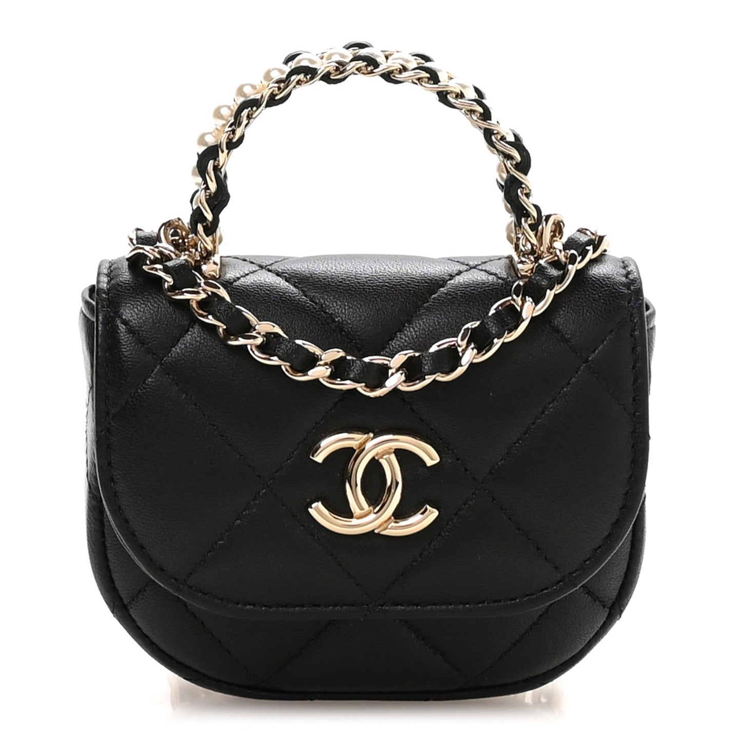 Lambskin Quilted Pearl Top Handle Clutch With Chain Black