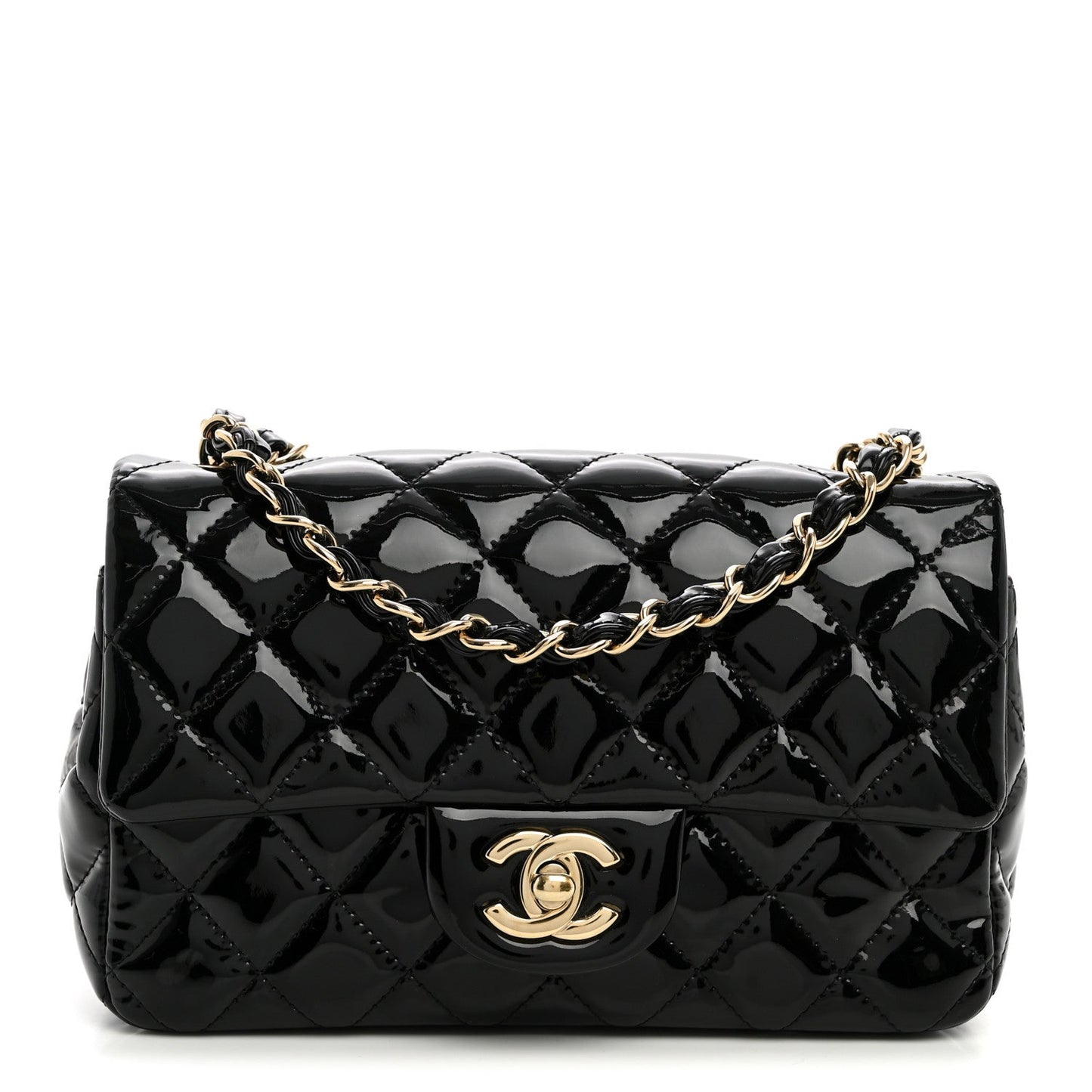 Patent Calfskin Quilted Mini Rectangular Flap Black