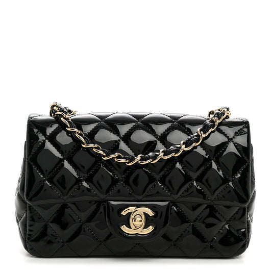 Patent Calfskin Quilted Mini Rectangular Flap Black