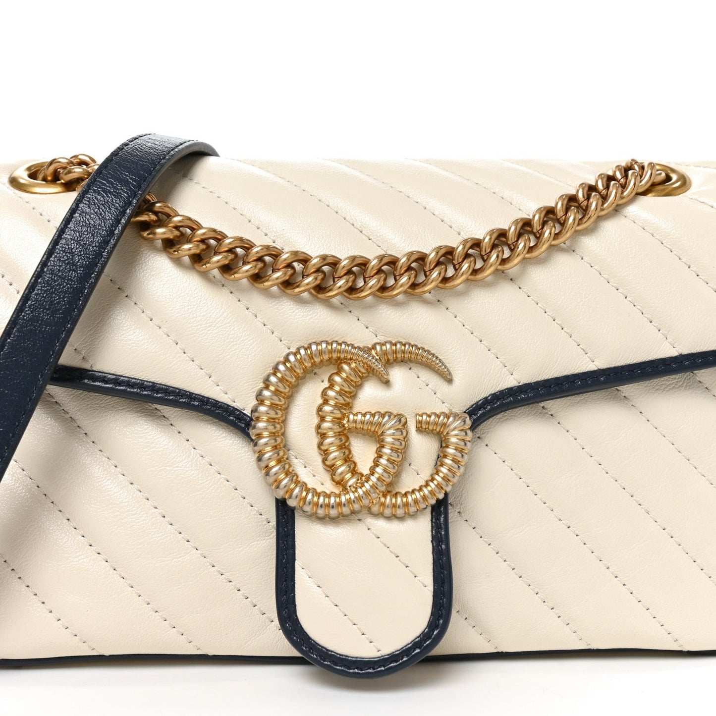 Vintage Effect Calfskin Matelasse Diagonal Small Torchon GG Marmont Shoulder Bag Mystic White Blue Agata