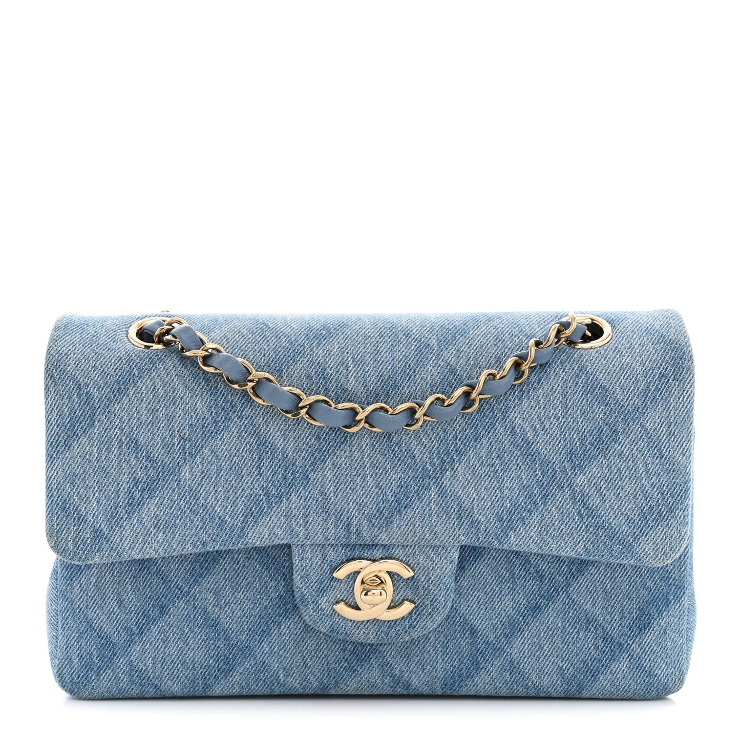 Printed Denim Quilted Small Double Flap Light Blue
