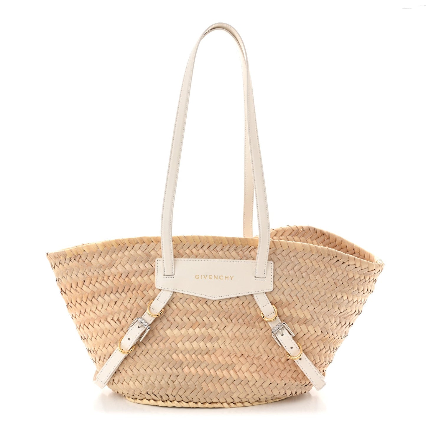 Raffia Woven Calfskin Voyou Basket Bag White