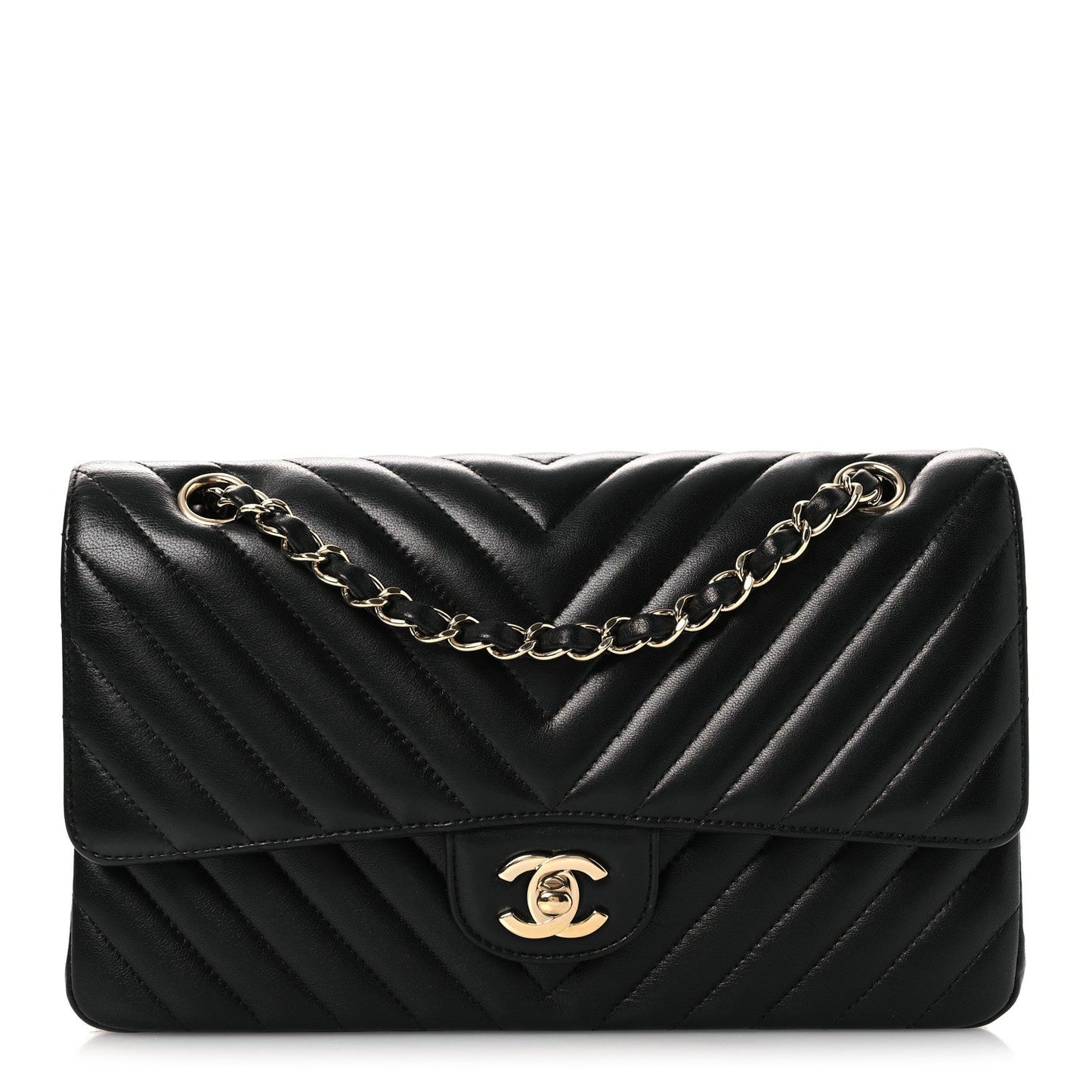 Lambskin Chevron Quilted Medium Double Flap Black