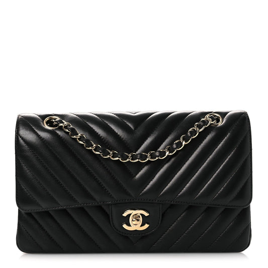 Lambskin Chevron Quilted Medium Double Flap Black