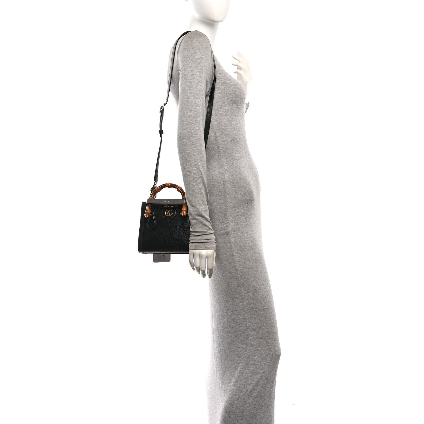 Textured Dollar Calfskin Web Mini Diana Tote Bag Black Dusty Grey