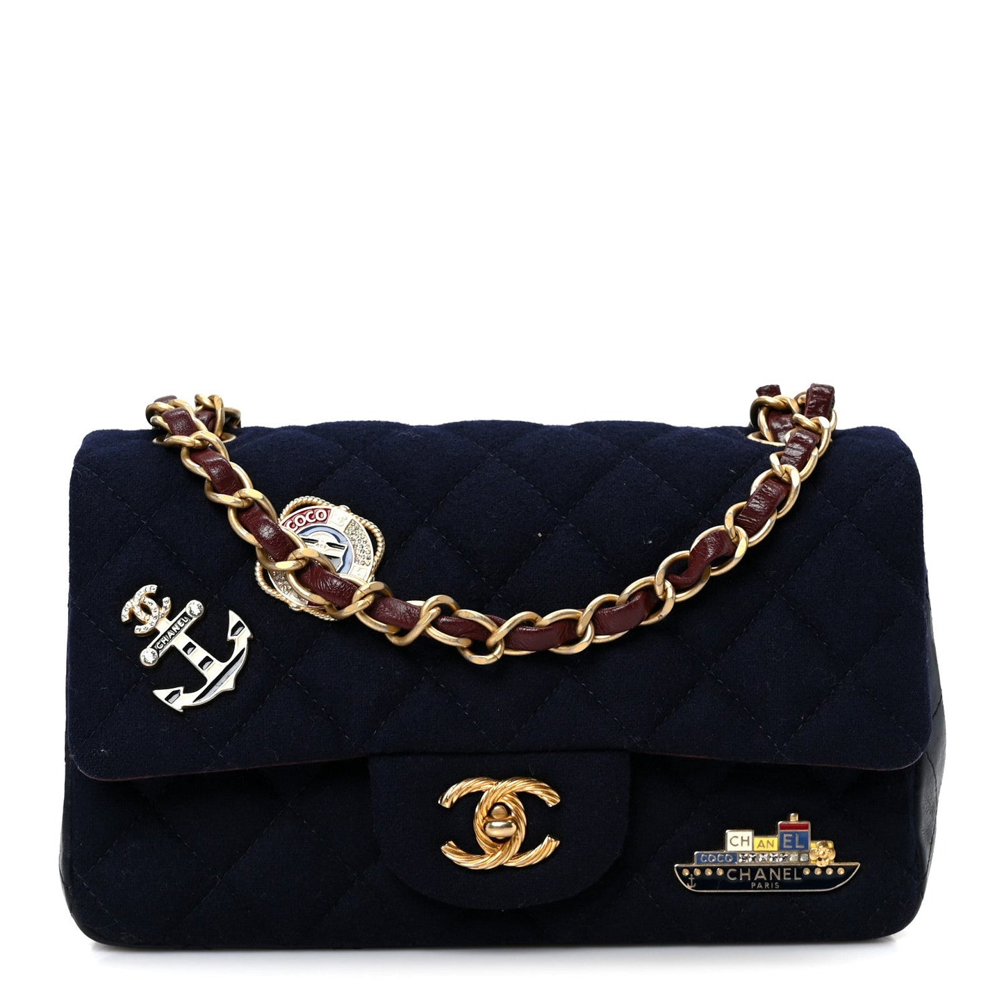 Felt Quilted Paris-Hamburg Charms Mini Rectangular Flap Black Dark Navy
