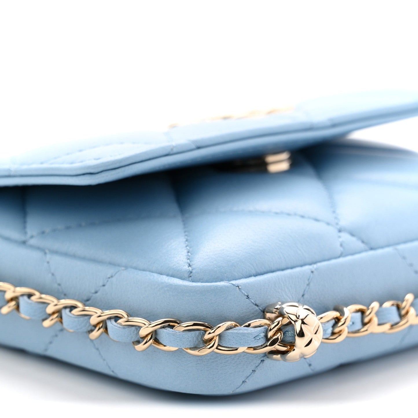 Lambskin Quilted Chain Around Coin Purse With Chain Light Blue