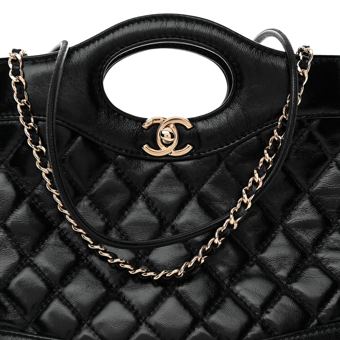 Shiny Lambskin Quilted Mini 31 Shopping Bag Black
