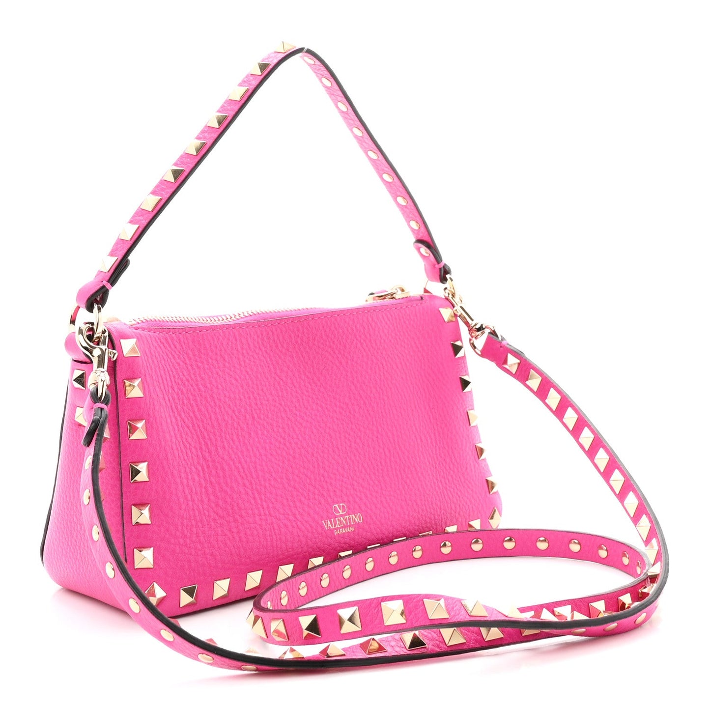 Pebbled Calfskin Small Rockstud Flip Lock Shoulder Bag Fuxia