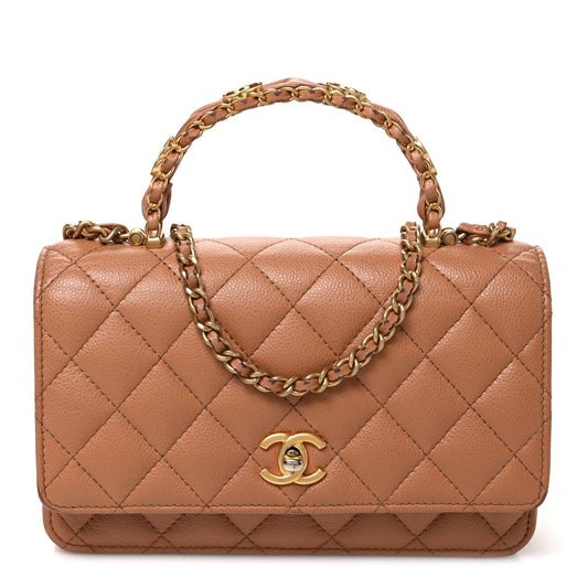 Shiny Caviar Quilted Pick Me Up Wallet On Chain WOC Beige