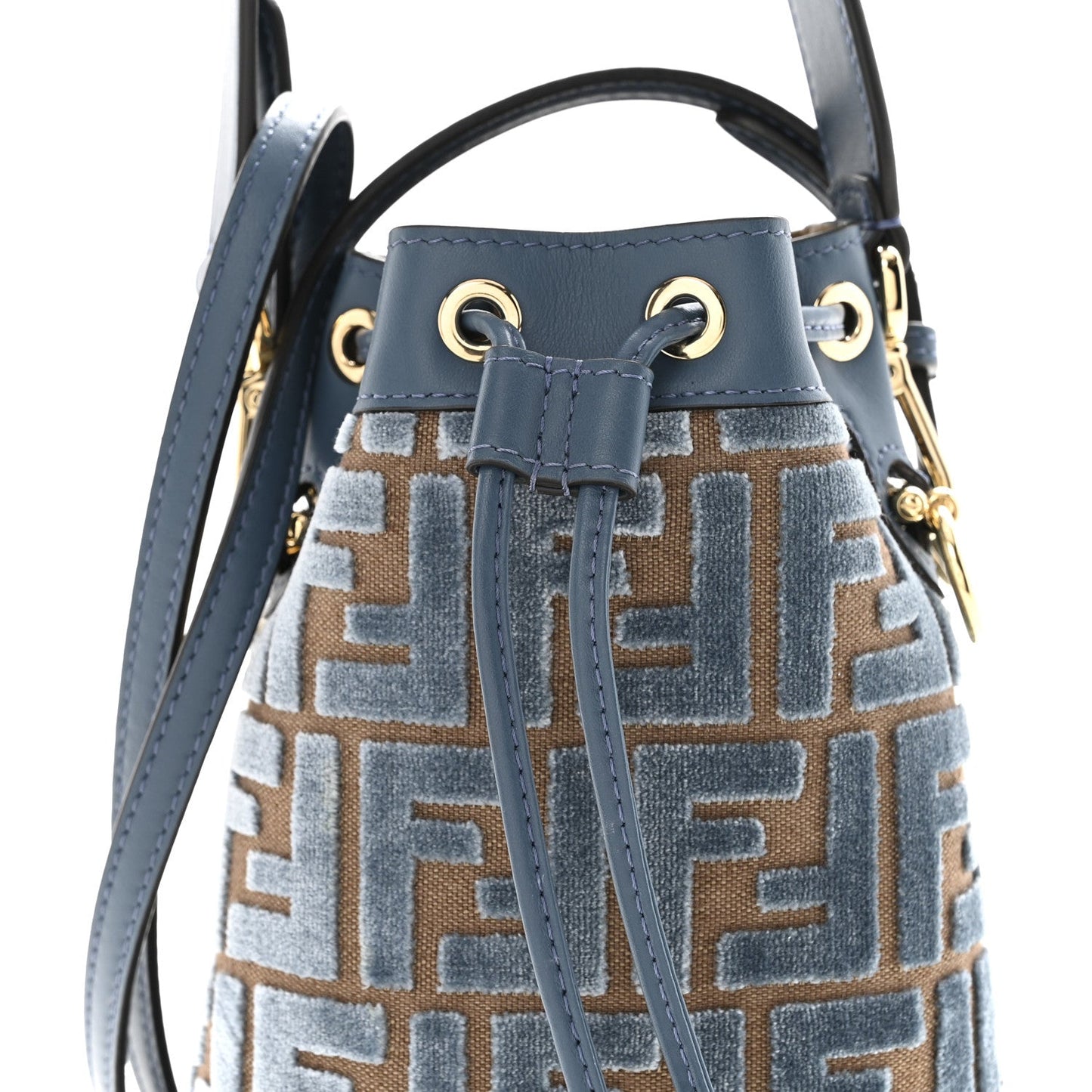 Vitello Grace Velluto FF Mini Mon Tresor Bucket Bag Dusty Blue Brown