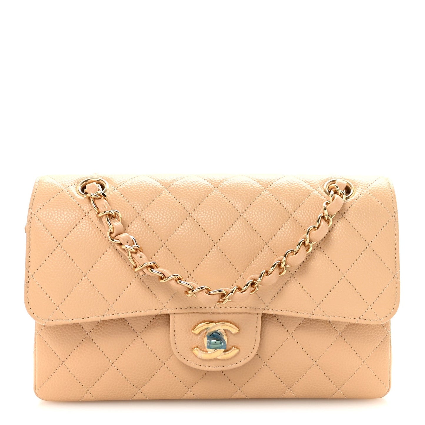 Caviar Quilted Small Double Flap Beige