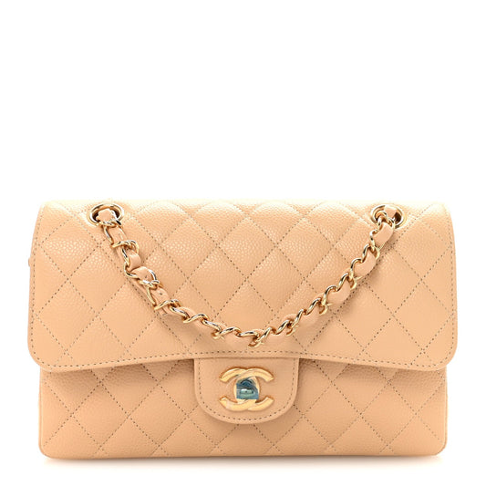 Caviar Quilted Small Double Flap Beige