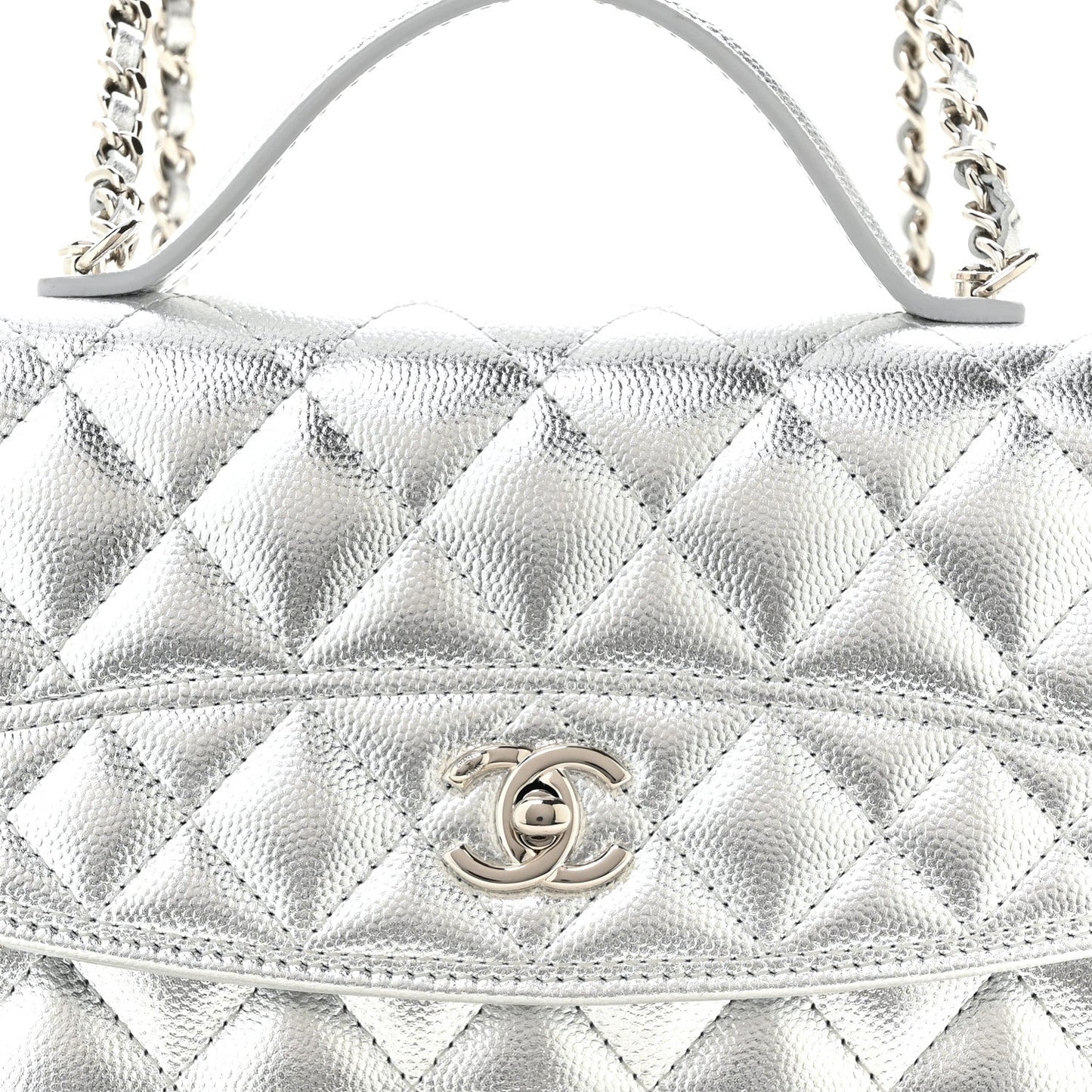 Metallic Caviar Quilted Top Handle Wallet on Chain WOC Silver