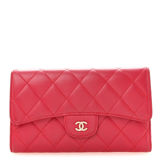 Lambskin Quilted Large Flap Wallet Dark Pink