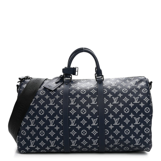 Calfskin Shadow Monogram Keepall Bandouliere 50 Ink Blue White