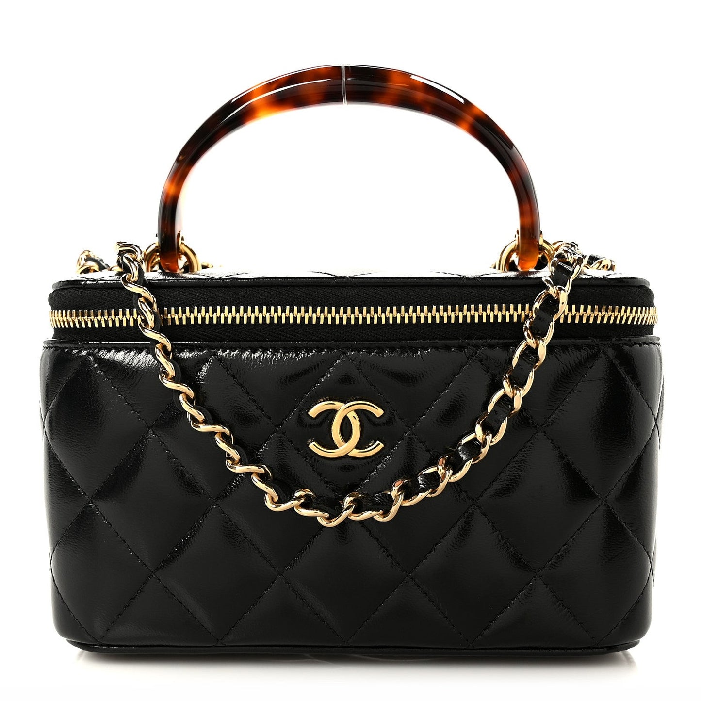 Shiny Lambskin Quilted Small Plexiglass Top Handle Vanity Case With Chain Black Tortoise
