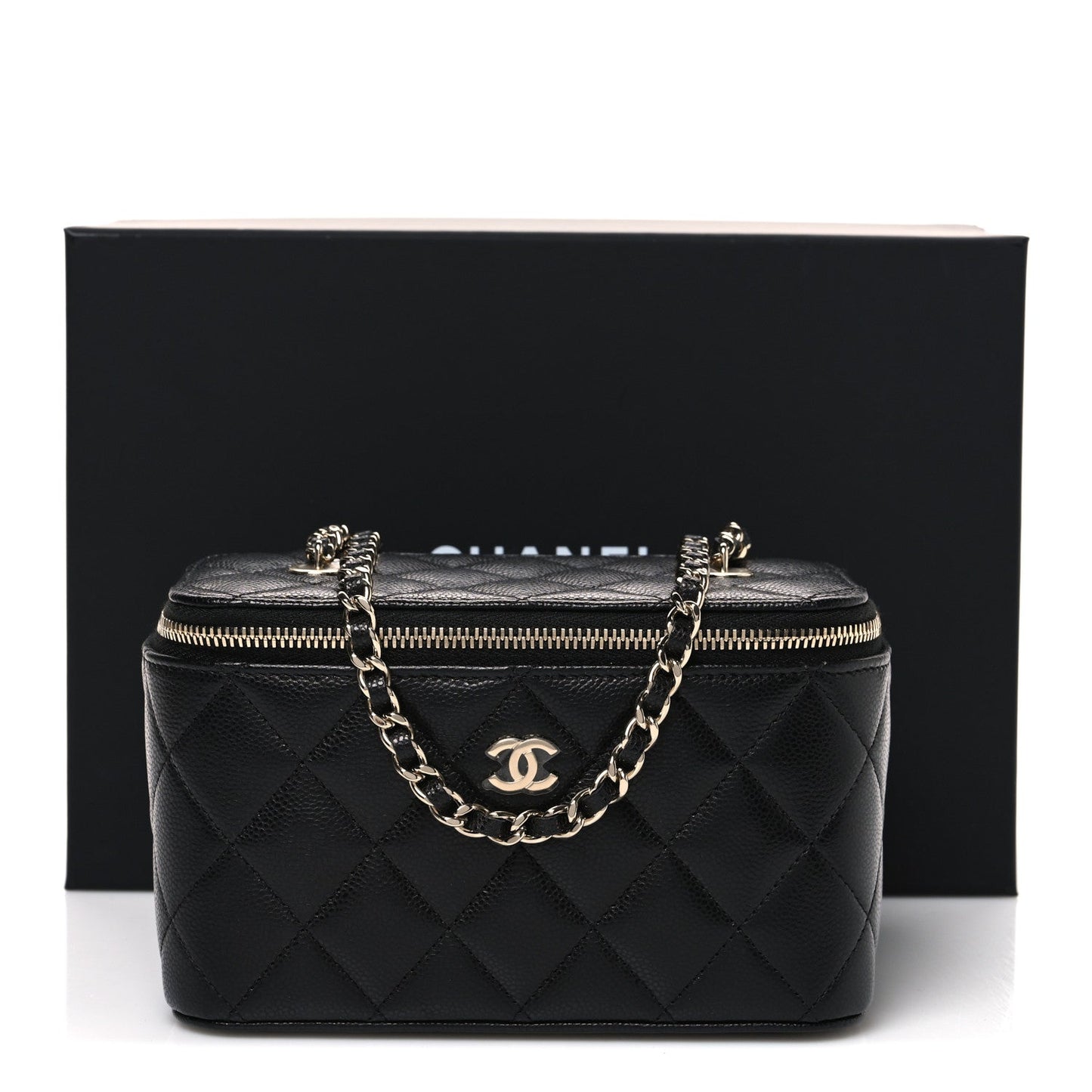 Caviar Quilted Small Vanity Case With Chain Black