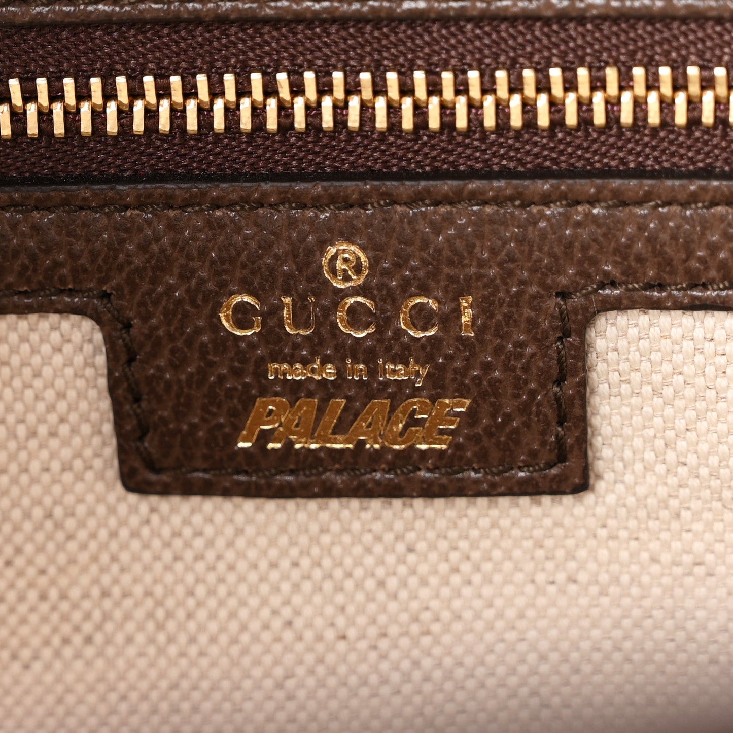 X PALACE Monogram Jumbo GG Textured Dollar Calfskin Web Medium Ophidia Shopping Tote Camel Ebony