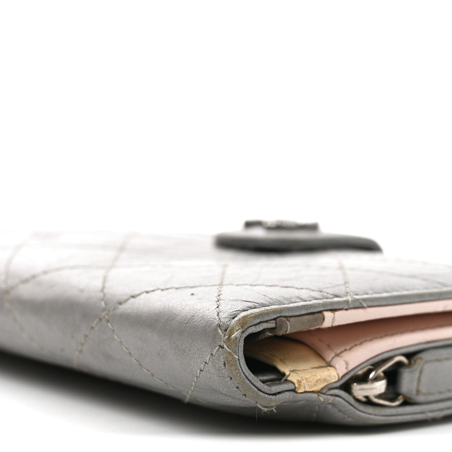 Metallic Aged Calfskin Quilted Palette Flap Wallet Silver