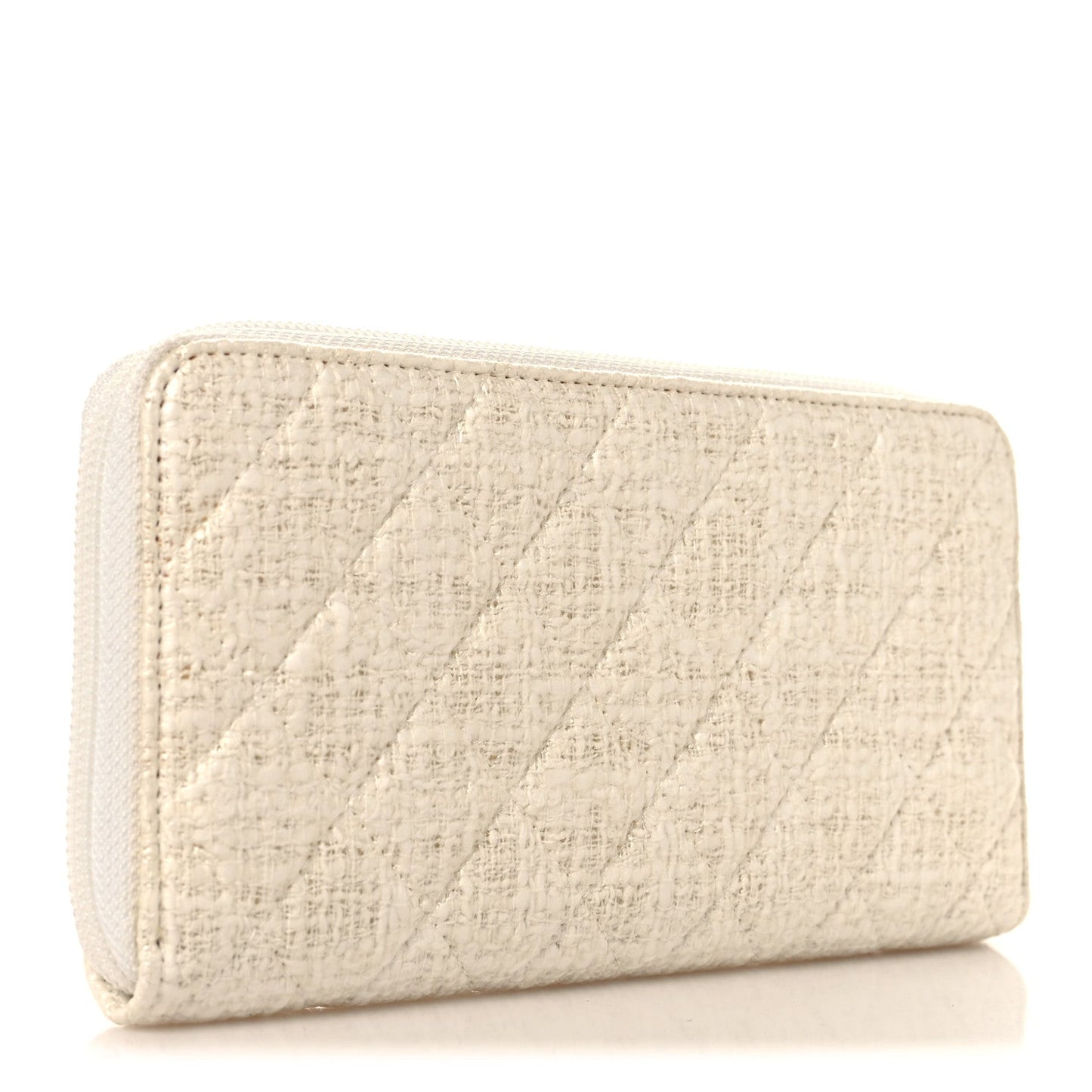 Tweed Coating Quilted Zip Around Wallet  White
