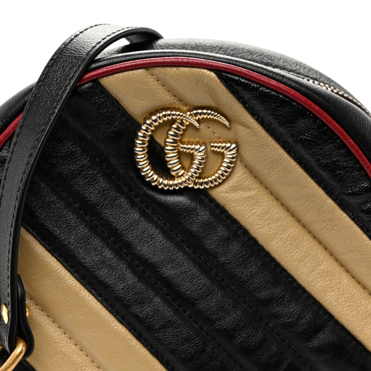 Azalea Calfskin Matelasse Diagonal Patchwork Mini Torchon GG Marmont Round Shoulder Bag Black Beige Romantic Cerise