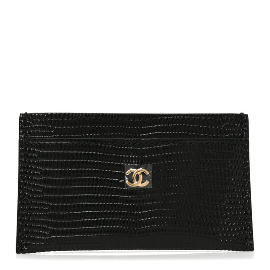 Calfskin Lizard Embossed Zip Card Holder Black Black