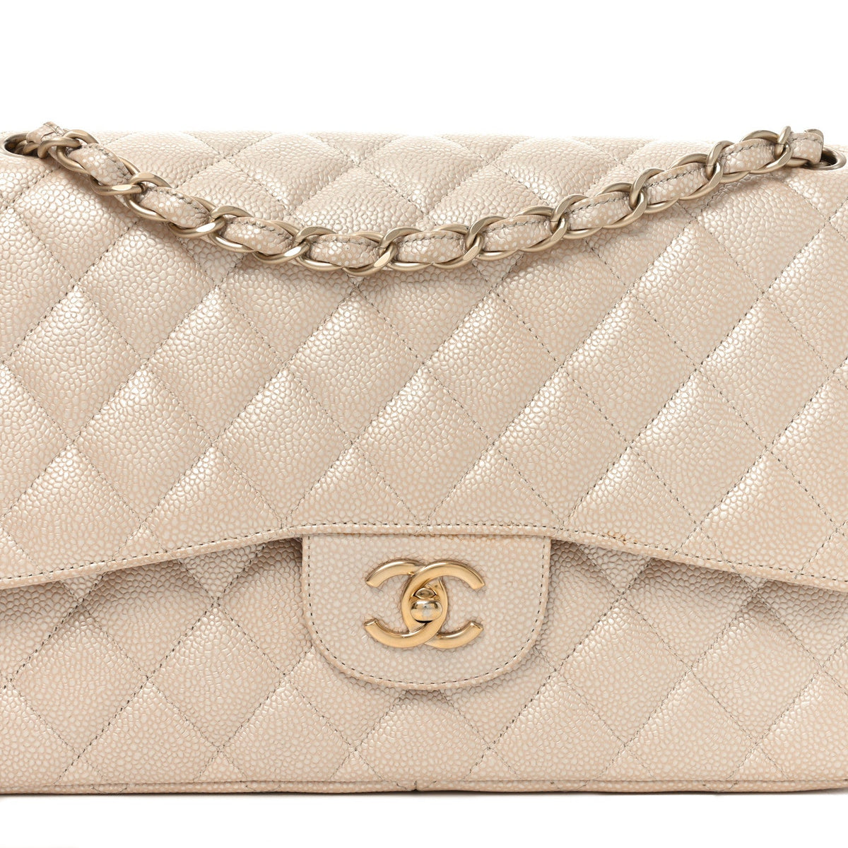 Iridescent Caviar Quilted Jumbo Double Flap Beige