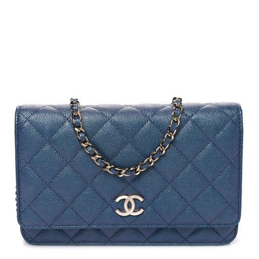 Iridescent Caviar Quilted Wallet on Chain WOC Dark Blue