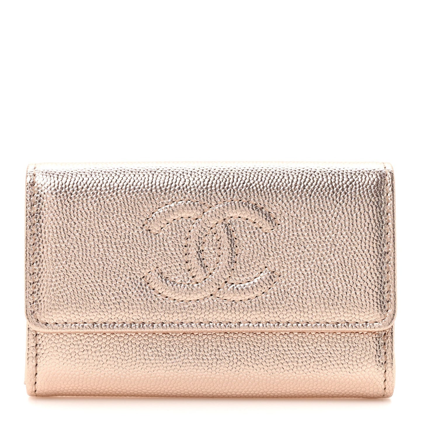 Metallic Caviar Quilted CC Flap Card Holder Copper