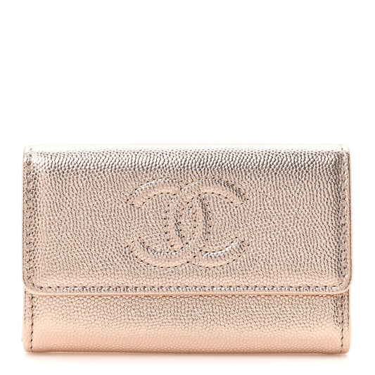 Metallic Caviar Quilted CC Flap Card Holder Copper