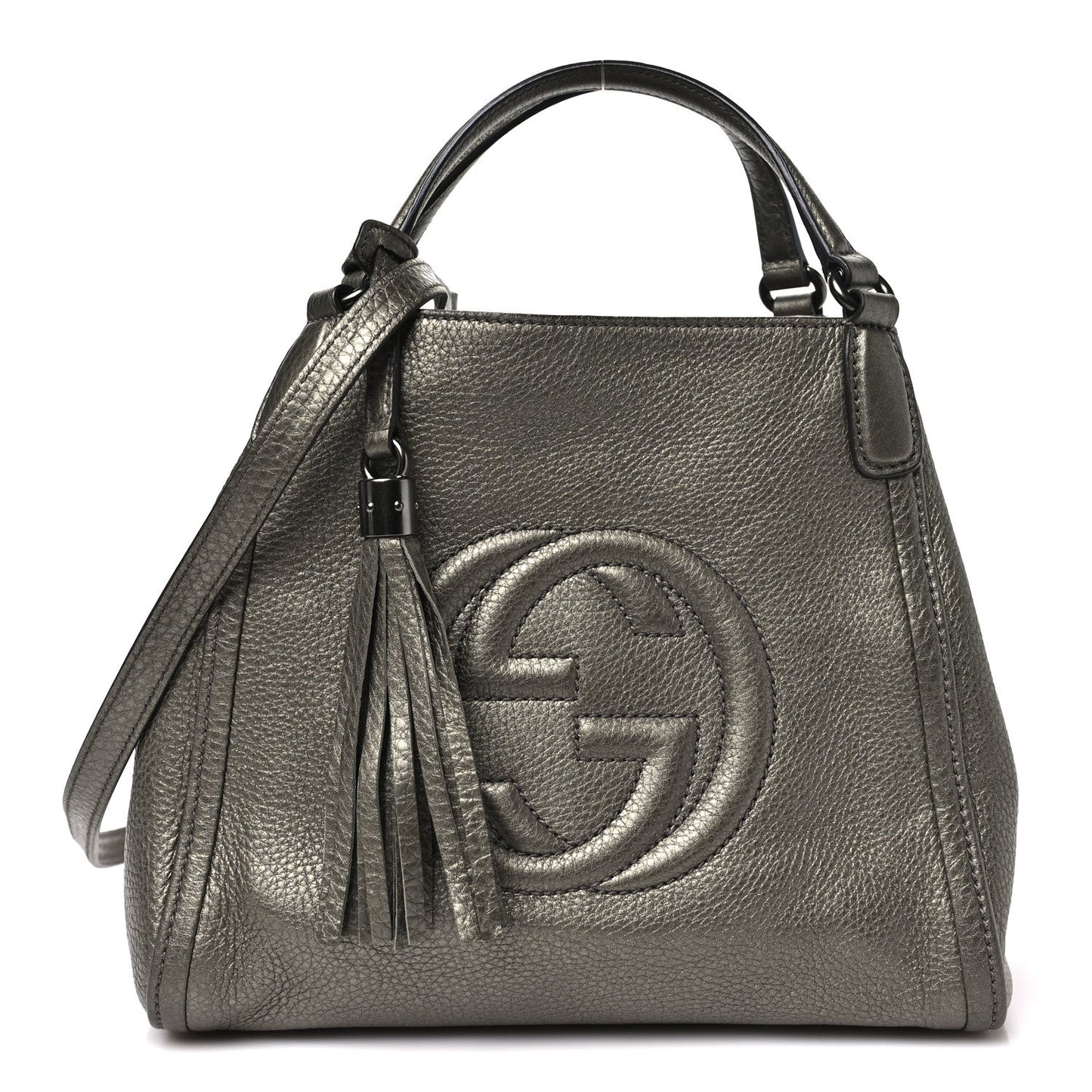 Metallic Pebbled Calfskin Small Soho Shoulder Bag Golden Beige