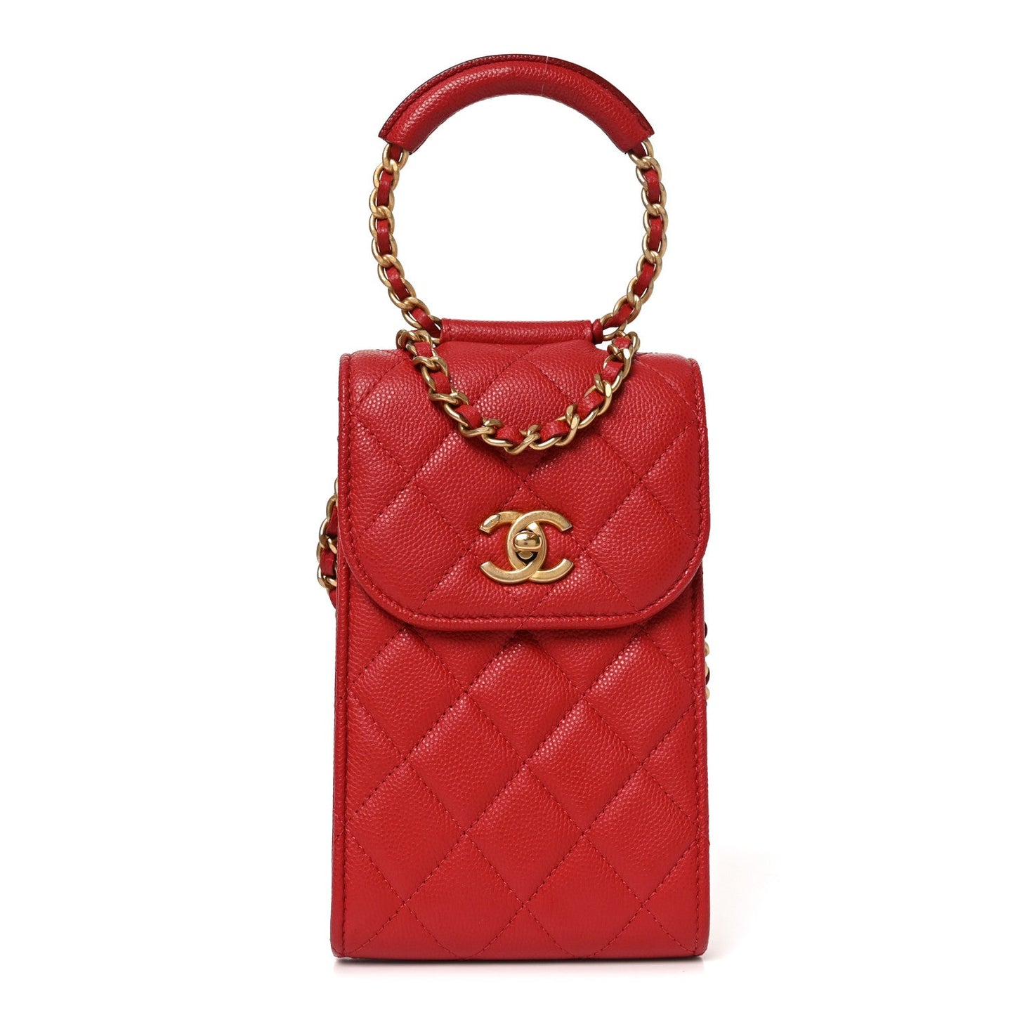 Caviar Quilted Chain Handle Round Phone Holder Red