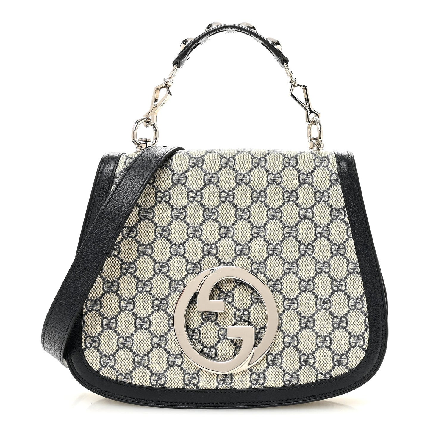 GG Supreme Monogram Textured Dollar Calfskin Web Medium Blondie Top Handle Shoulder Flap Bag Beige Blue