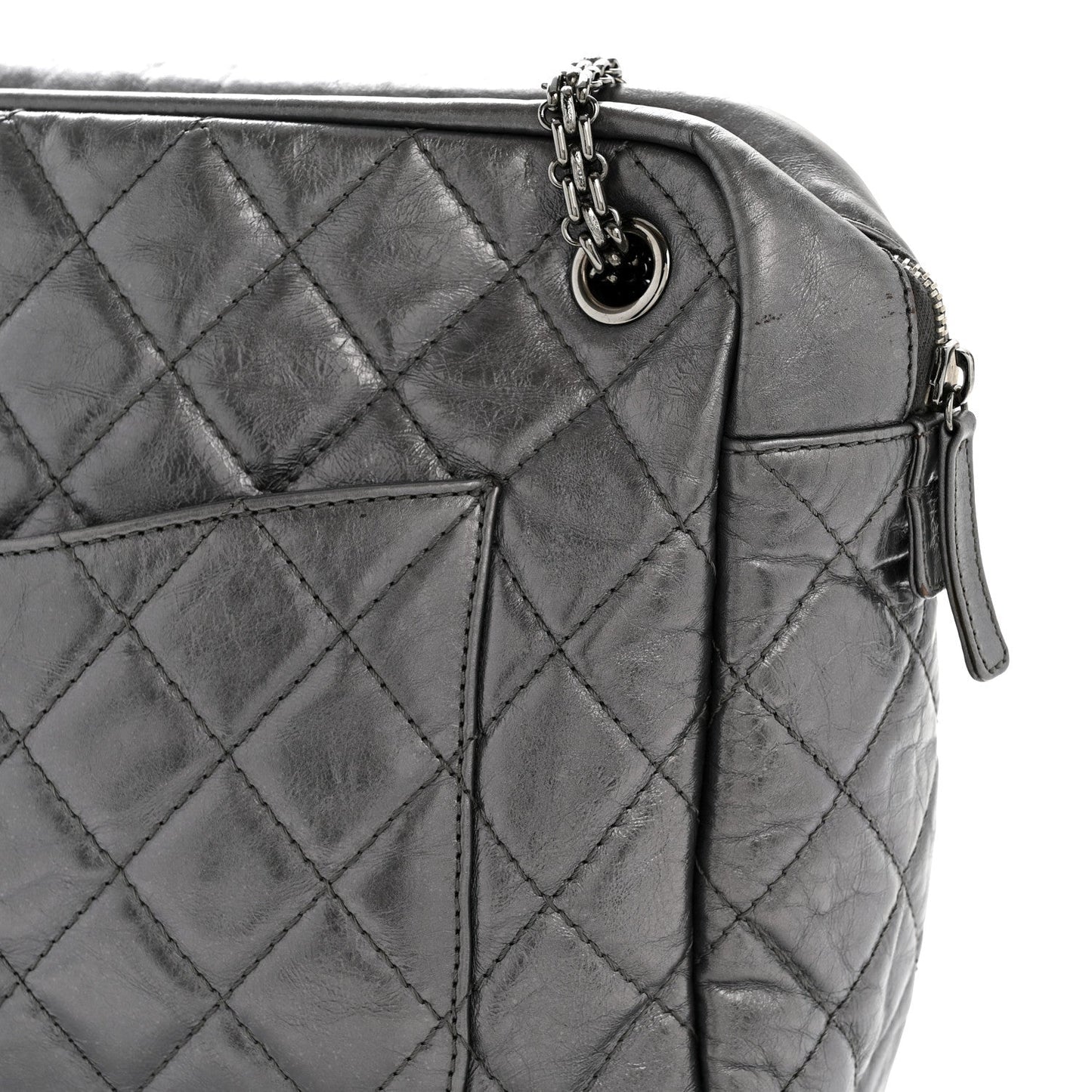 Metallic Aged Calfskin Quilted Large Reissue Camera Case Silver