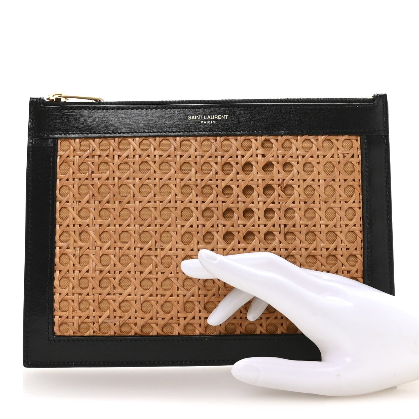 Cane Woven Calfskin Zipped Pouch Black
