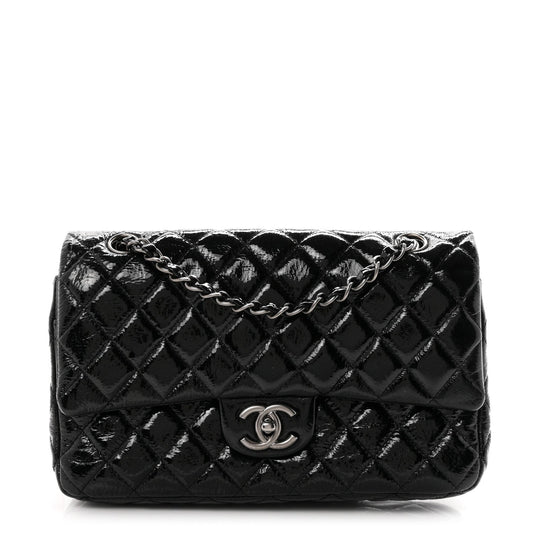 Crumpled Patent Quilted Medium Double Flap Black