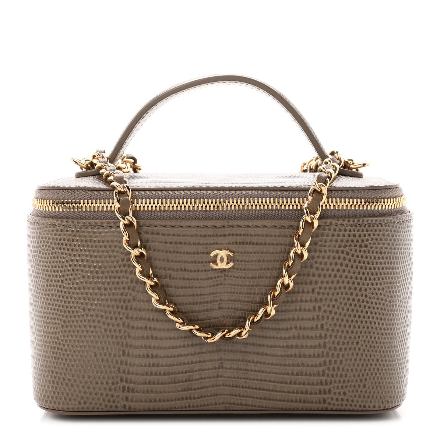 Calfskin Lizard Embossed Top Handle Vanity With Chain Dark Khaki