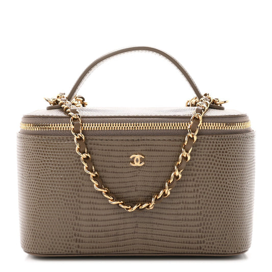 Calfskin Lizard Embossed Top Handle Vanity With Chain Dark Khaki