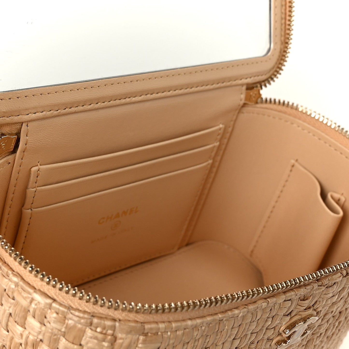 Braided Raffia Top Handle Slim Vanity Case With Chain Beige
