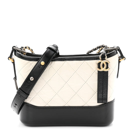 Aged Calfskin Quilted Small Gabrielle Hobo Black White