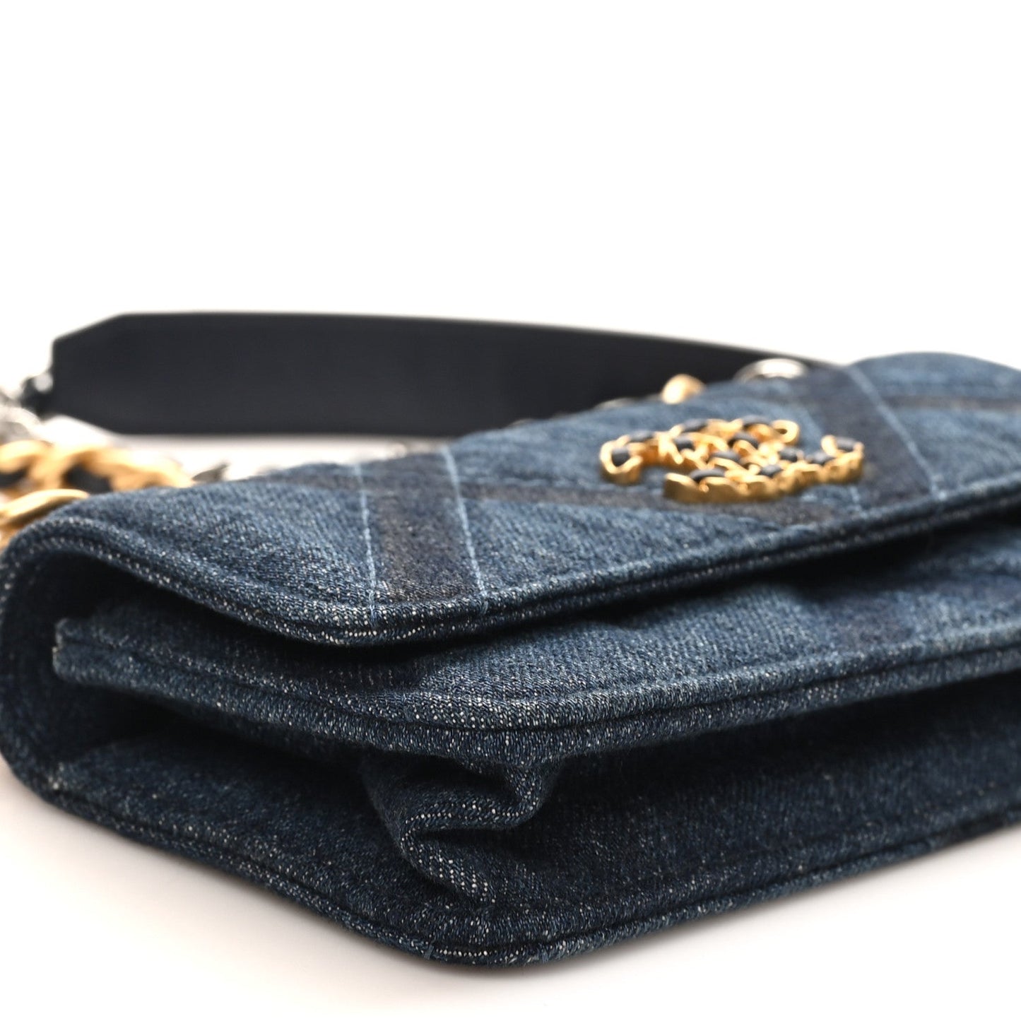 Denim Quilted Chanel 19 Flap Phone Holder With Chain Blue