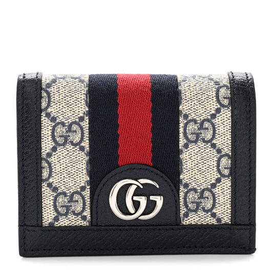 GG Supreme Monogram Textured Dollar Calfskin Web Ophidia Card Case Beige Blue