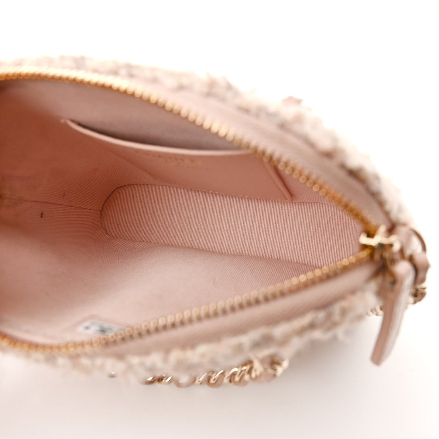 Cotton Wool Tweed Sequin Quilted Shiny Coco Clutch With Chain Light Pink Beige Ecru