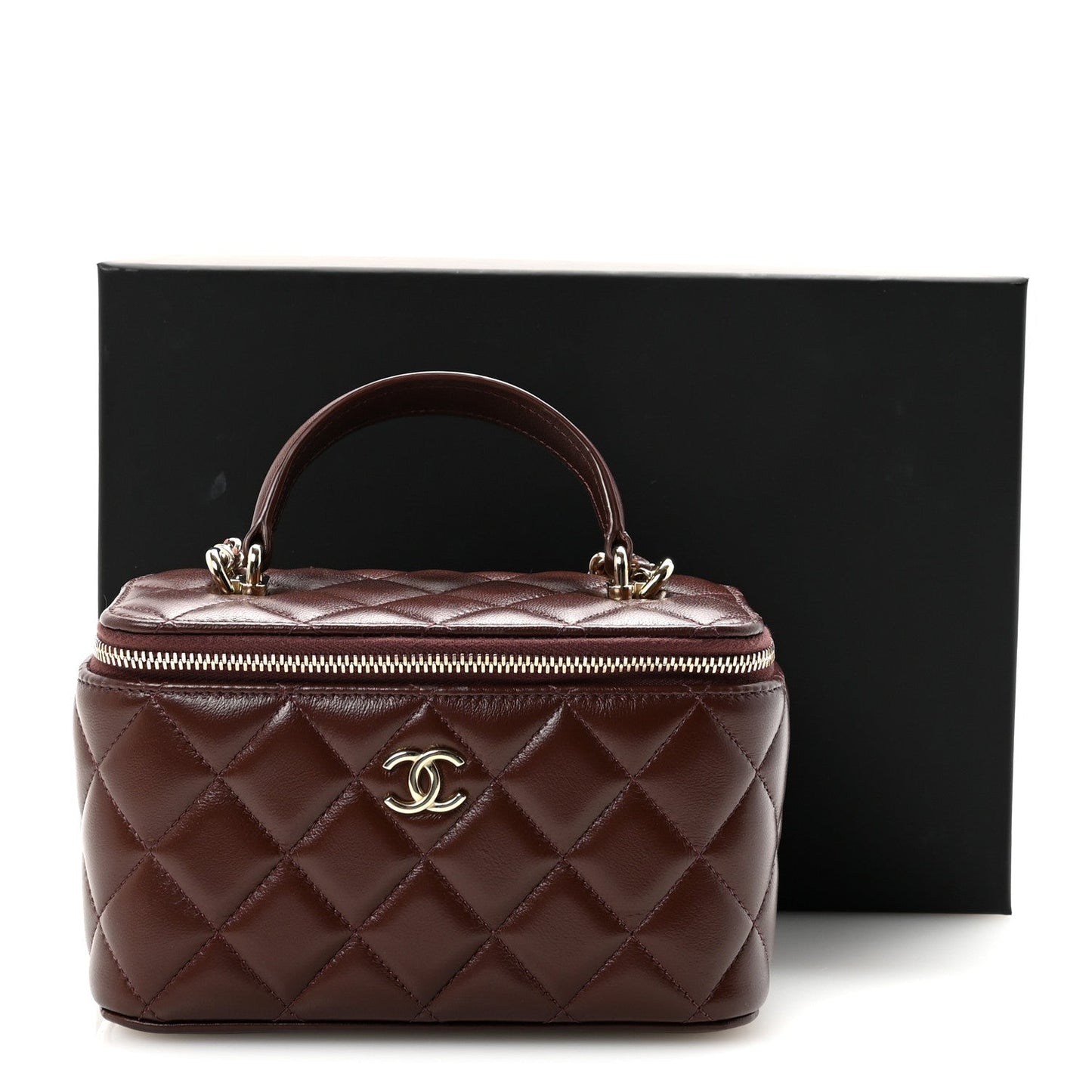 Lambskin Quilted Small Top Handle Vanity Case With Chain Dark Brown