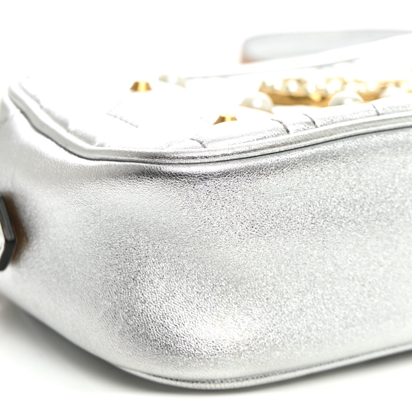 Metallic Calfskin Matelasse Studded Small Pearly GG Marmont Chain Shoulder Bag Silver